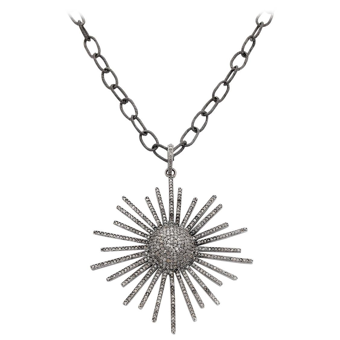 Sliced Diamond and Oxidized Sterling Silver Starburst Necklace