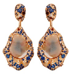 Sliced Diamonds Earring Accented with Pave Diamonds & Sapphire in 18k Gold