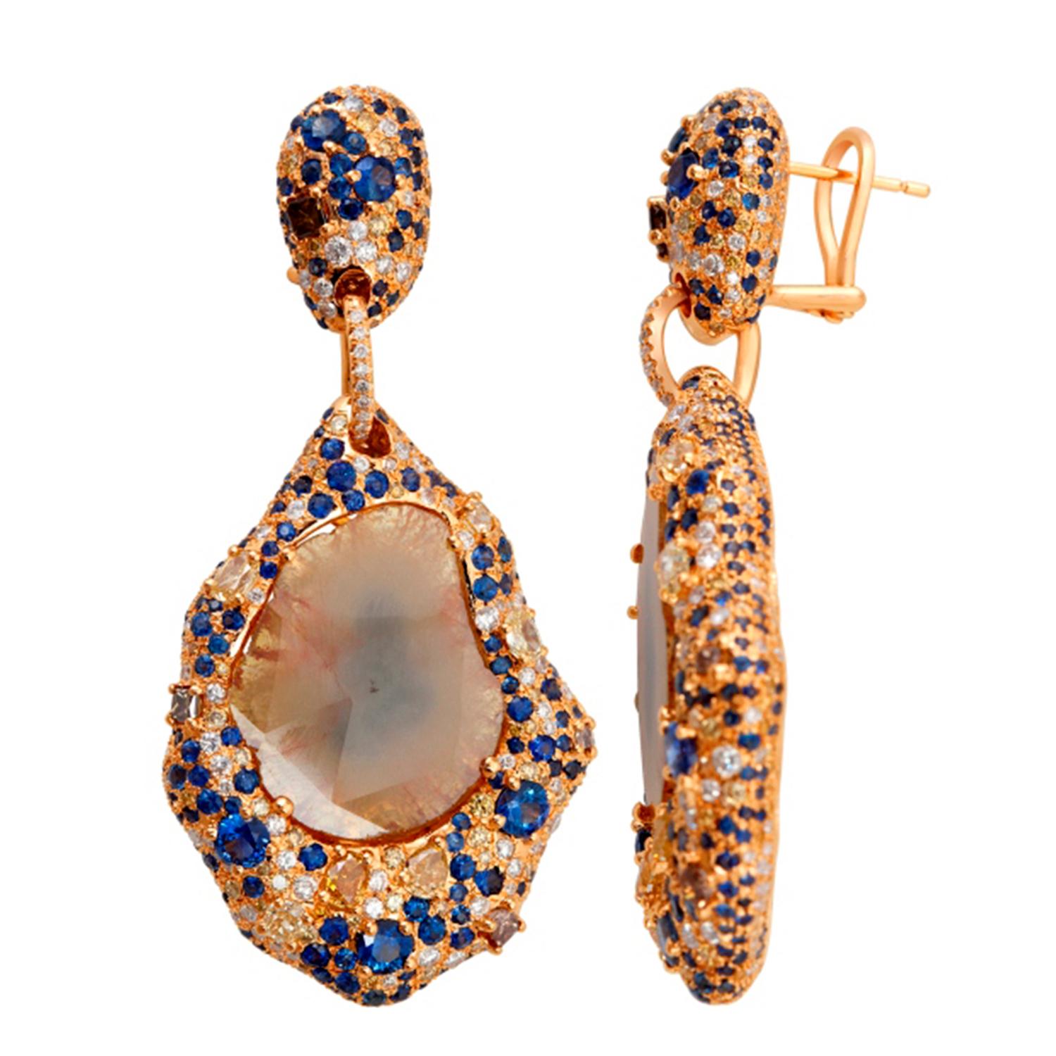 Artisan Sliced Diamonds Earring Accented with Pave Diamonds & Sapphire in 18k Gold For Sale