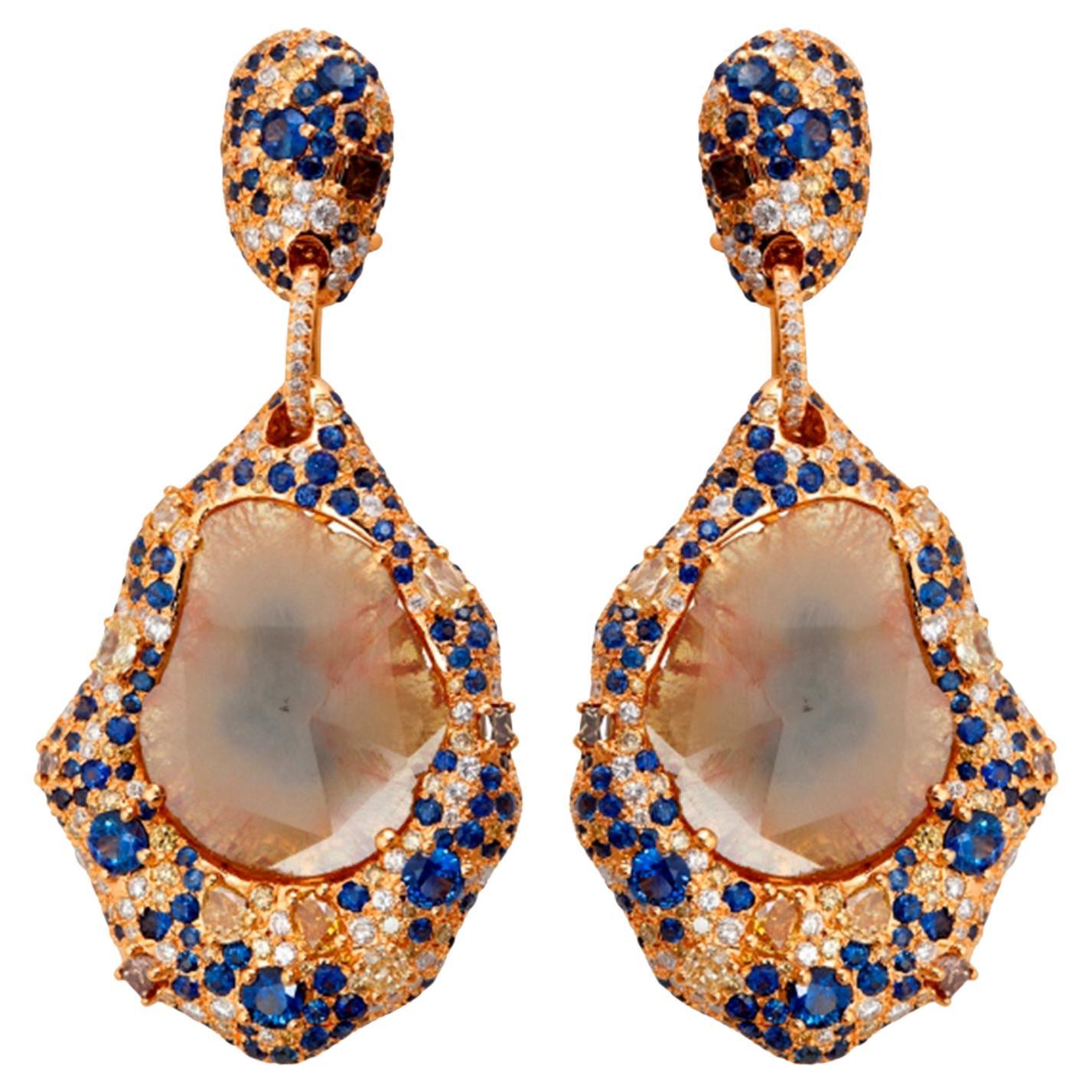 Sliced Diamonds Earring Accented with Pave Diamonds & Sapphire in 18k Gold For Sale