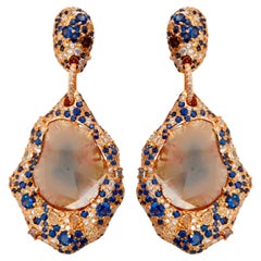 Sliced Diamonds Earring Accented with Pave Diamonds & Sapphire in 18k Gold