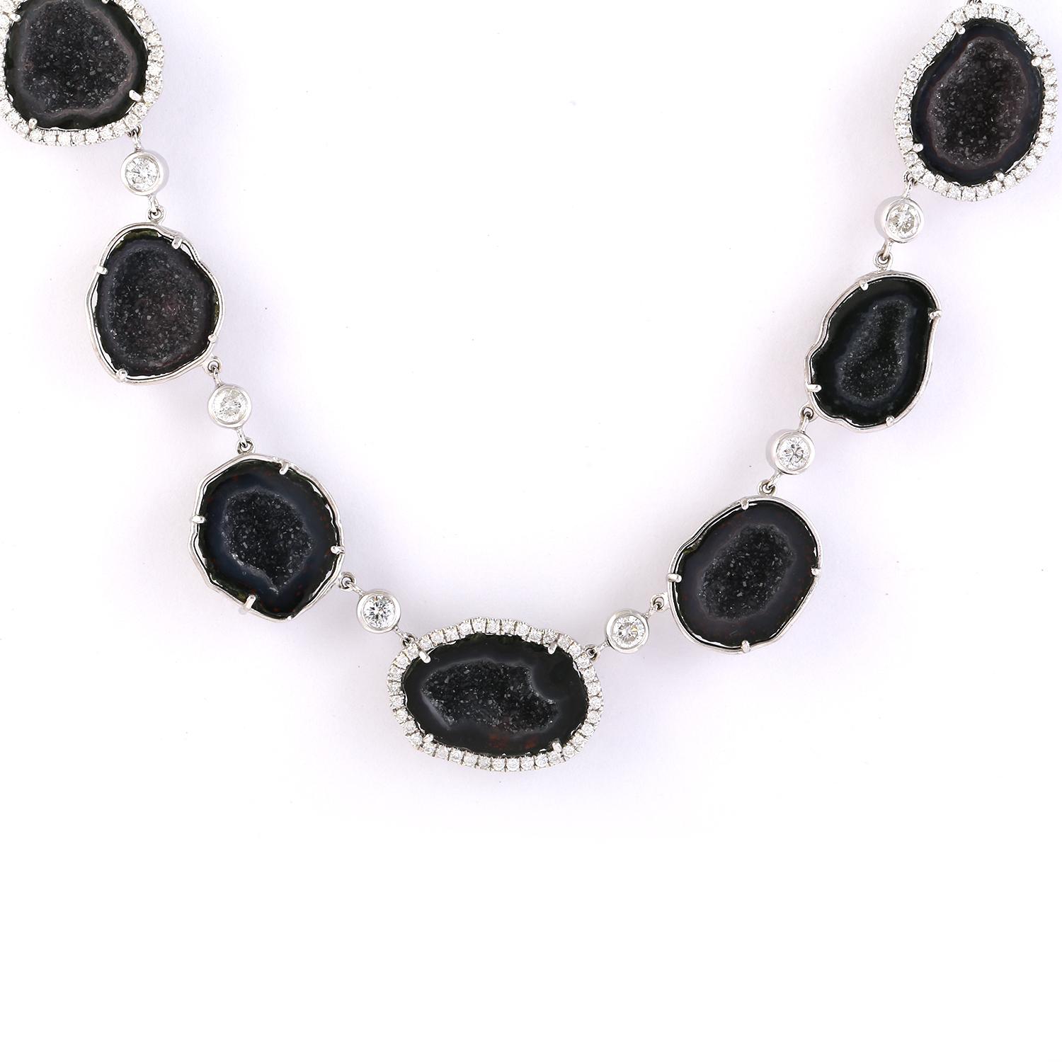Modern Sliced Geode Chain Necklace with Pave Diamonds Made in 14k White Gold For Sale