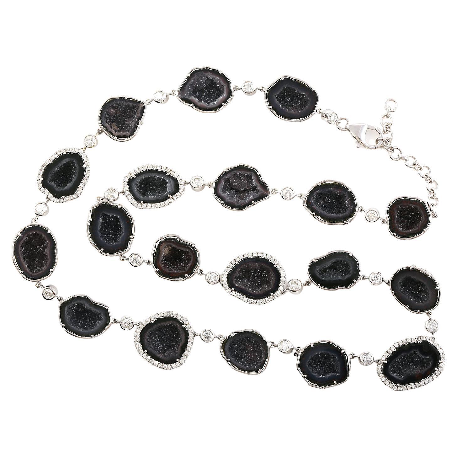 Sliced Geode Chain Necklace with Pave Diamonds Made in 14k White Gold
