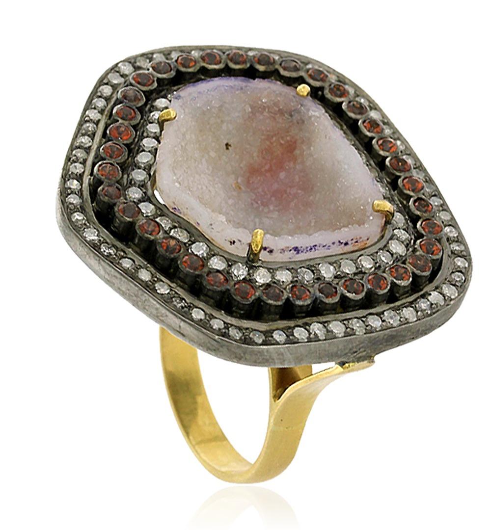 Art Deco Sliced Geode Cocktail Ring Accented with Garnet & Diamonds in Pave Setting For Sale