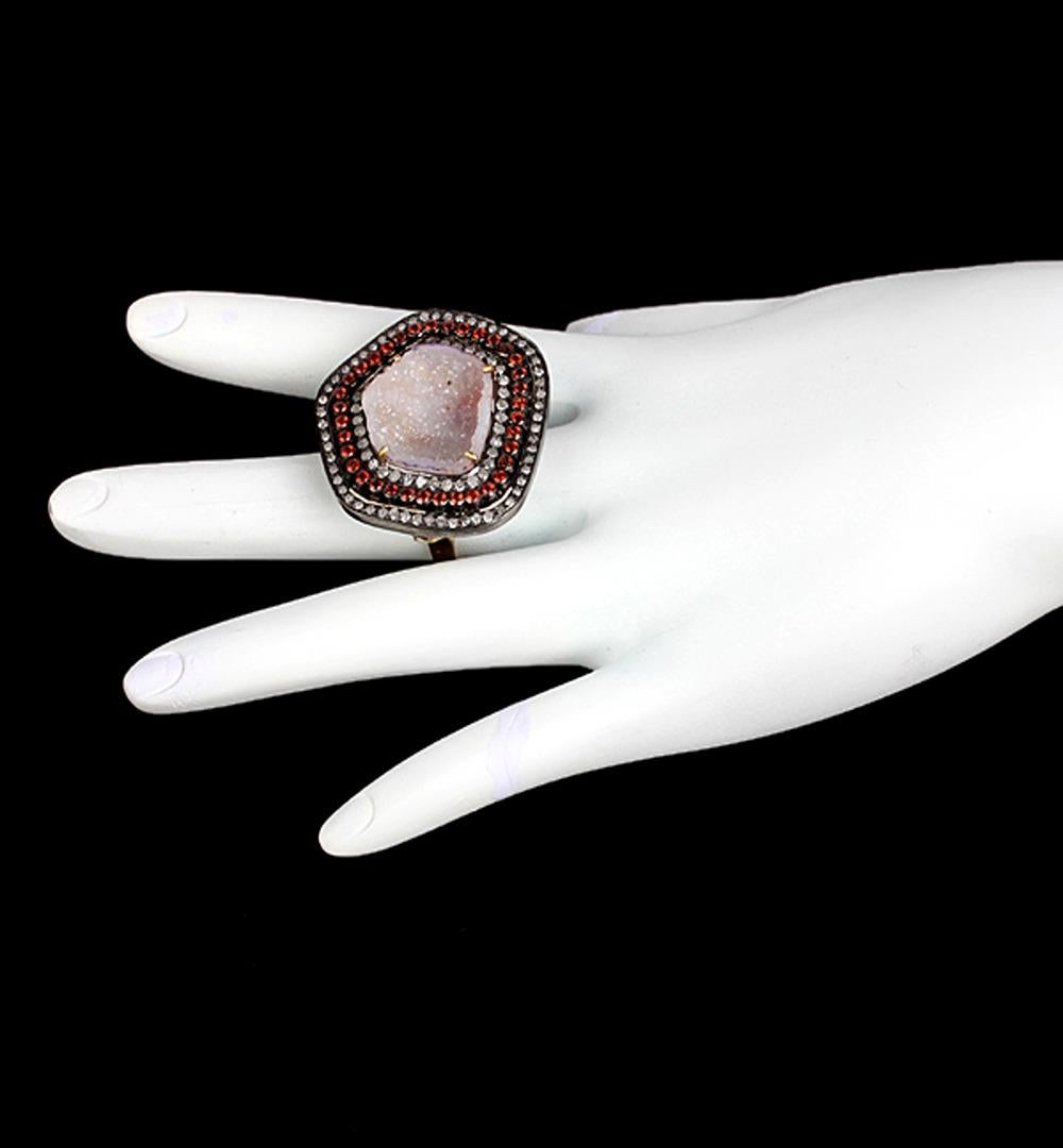Mixed Cut Sliced Geode Cocktail Ring Accented with Garnet & Diamonds in Pave Setting For Sale