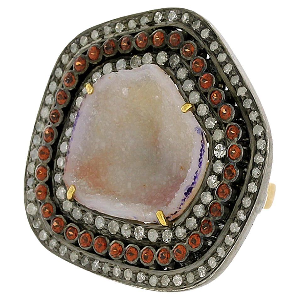 Sliced Geode Cocktail Ring Accented with Garnet & Diamonds in Pave Setting For Sale