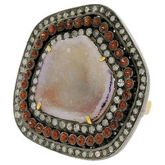 Sliced Geode Cocktail Ring Accented with Garnet & Diamonds in Pave Setting