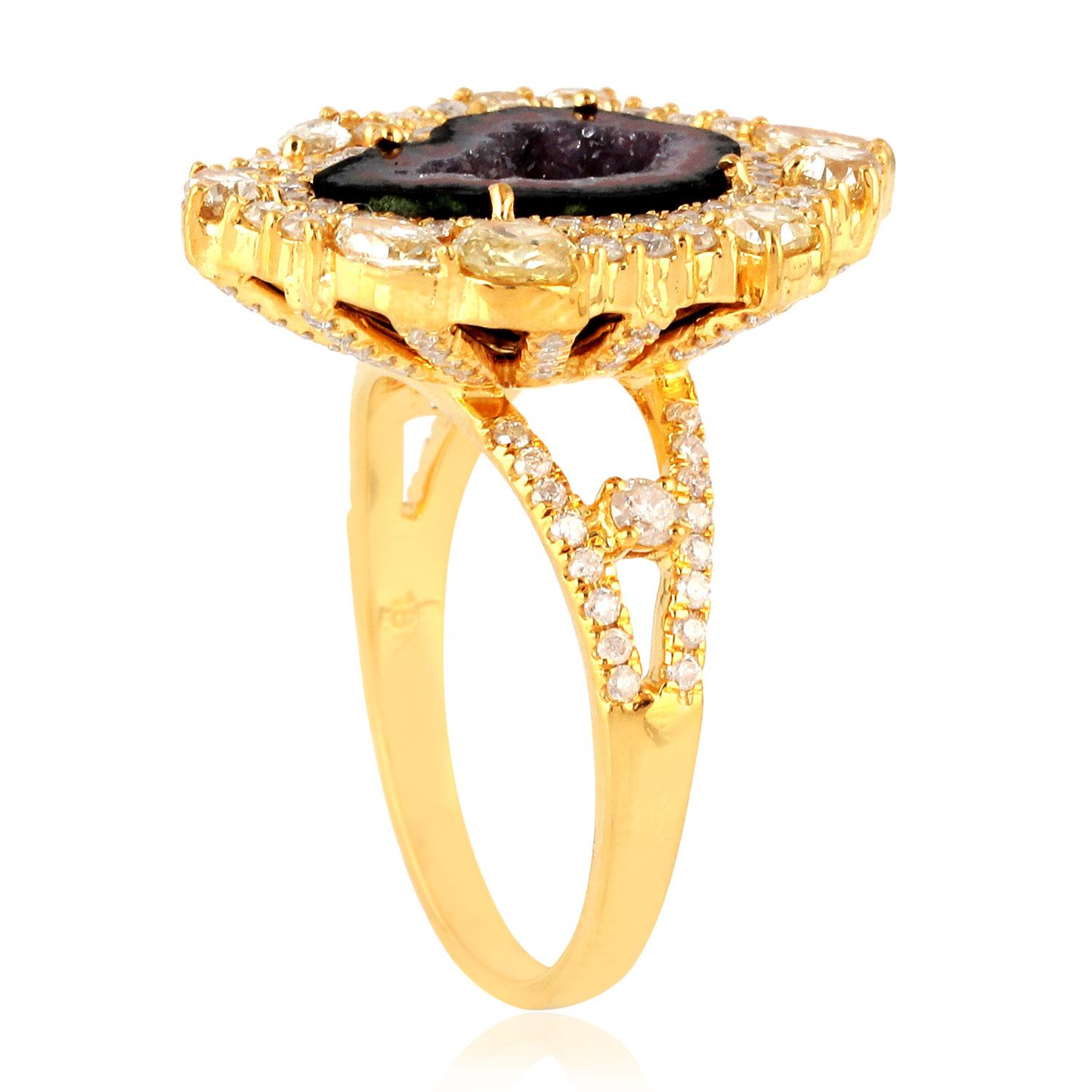 Mixed Cut Sliced Geode Cocktail Ring With Diamonds Made In 18k Yellow Gold For Sale