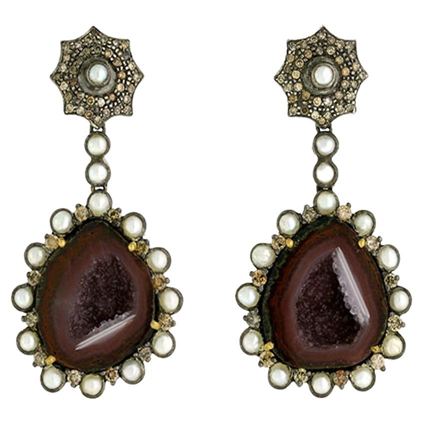 Sliced Geode Dangle Earrings Enclosed in Cage Equipped with Pearl & Pave Diamond For Sale