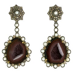 Sliced Geode Dangle Earrings Enclosed in Cage Equipped with Pearl & Pave Diamond