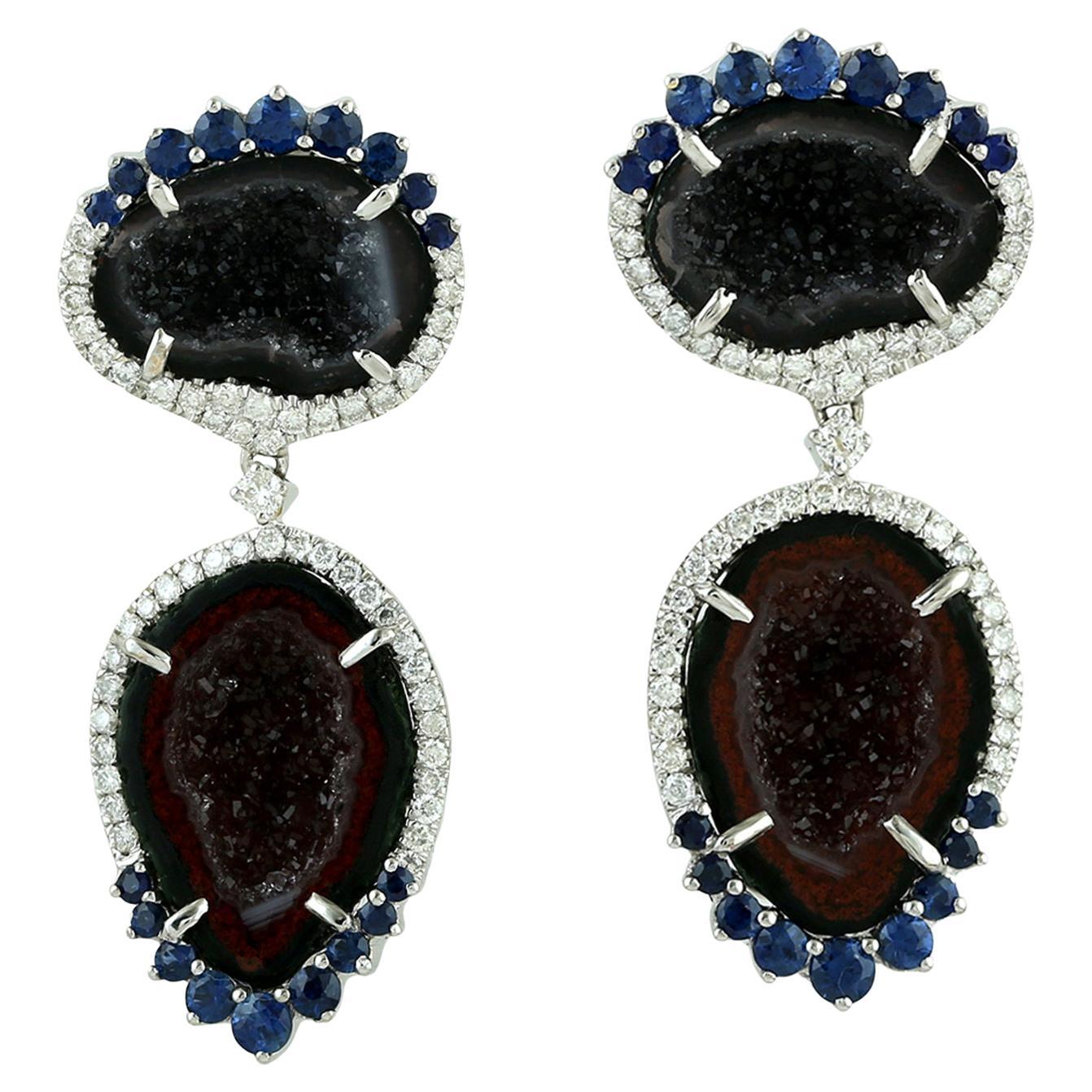 Sliced Geode Dangle Earrings With Blue Sapphire & Diamonds In 18k Gold