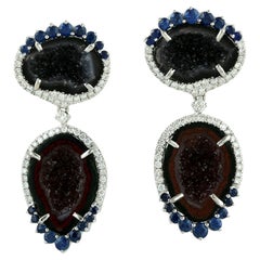 Sliced Geode Dangle Earrings With Blue Sapphire & Diamonds In 18k Gold