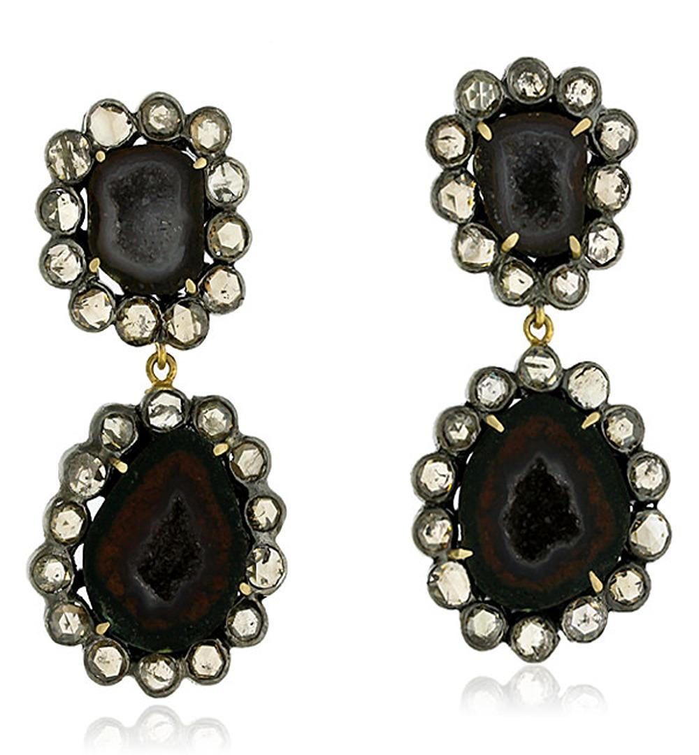 Mixed Cut Sliced Geode Dangle Earrings with Rose Cut Diamonds Made in 18k Gold & Silver For Sale