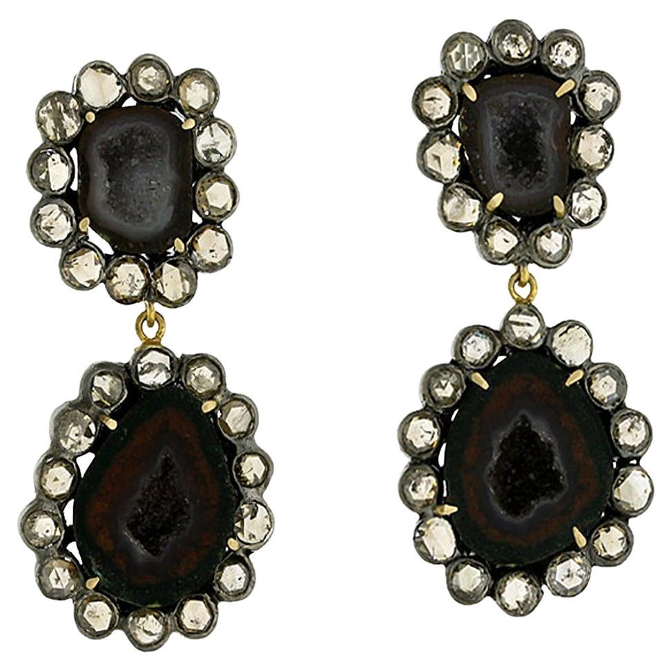 Sliced Geode Dangle Earrings with Rose Cut Diamonds Made in 18k Gold & Silver For Sale