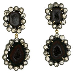 Sliced Geode Dangle Earrings with Rose Cut Diamonds Made in 18k Gold & Silver