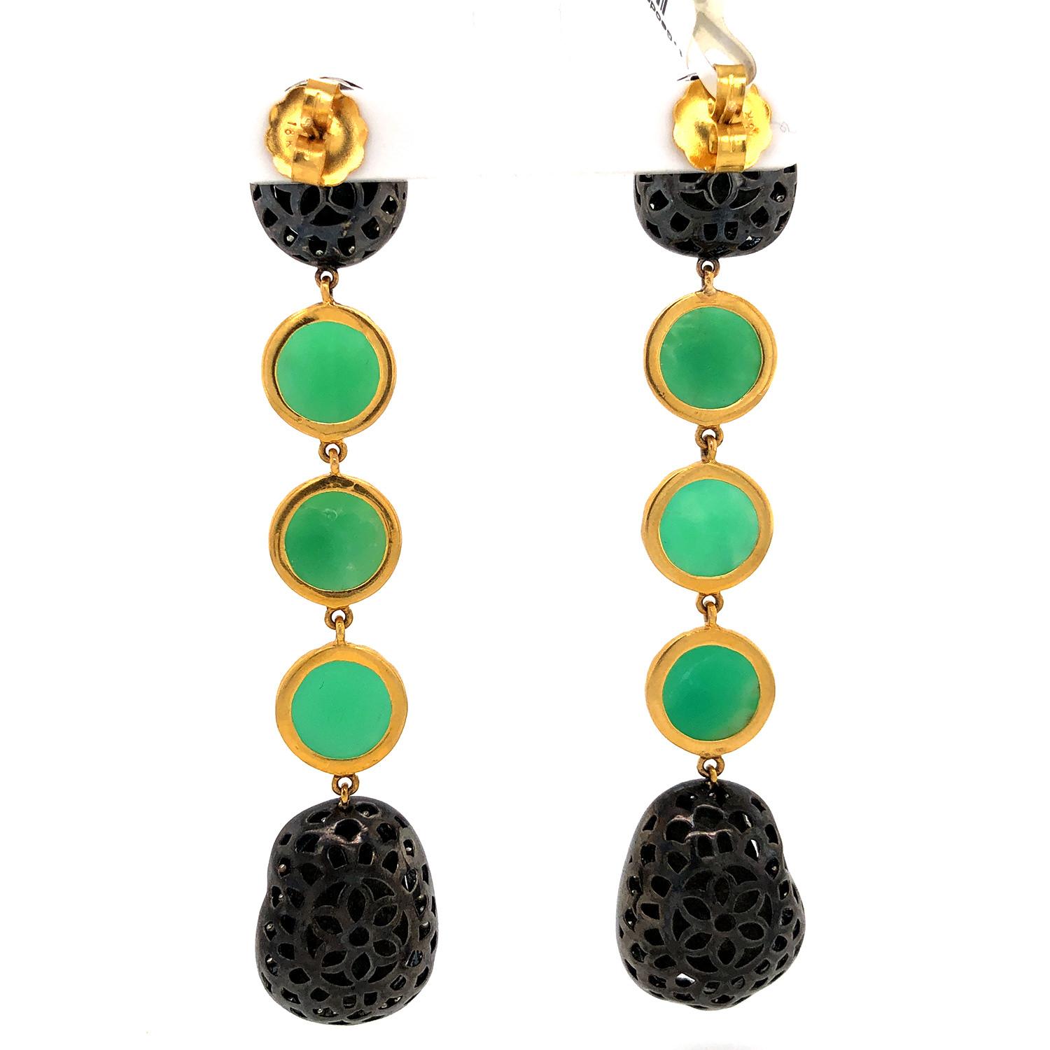 Contemporary Sliced Geode Dangle Earrings With Round Chrysophase & Diamonds For Sale