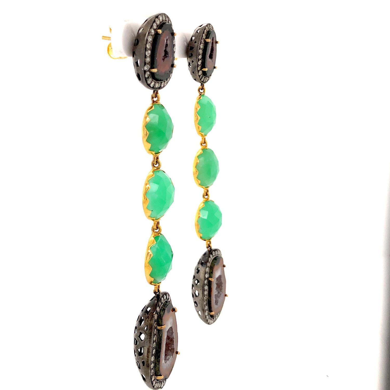 Mixed Cut Sliced Geode Dangle Earrings With Round Chrysophase & Diamonds For Sale