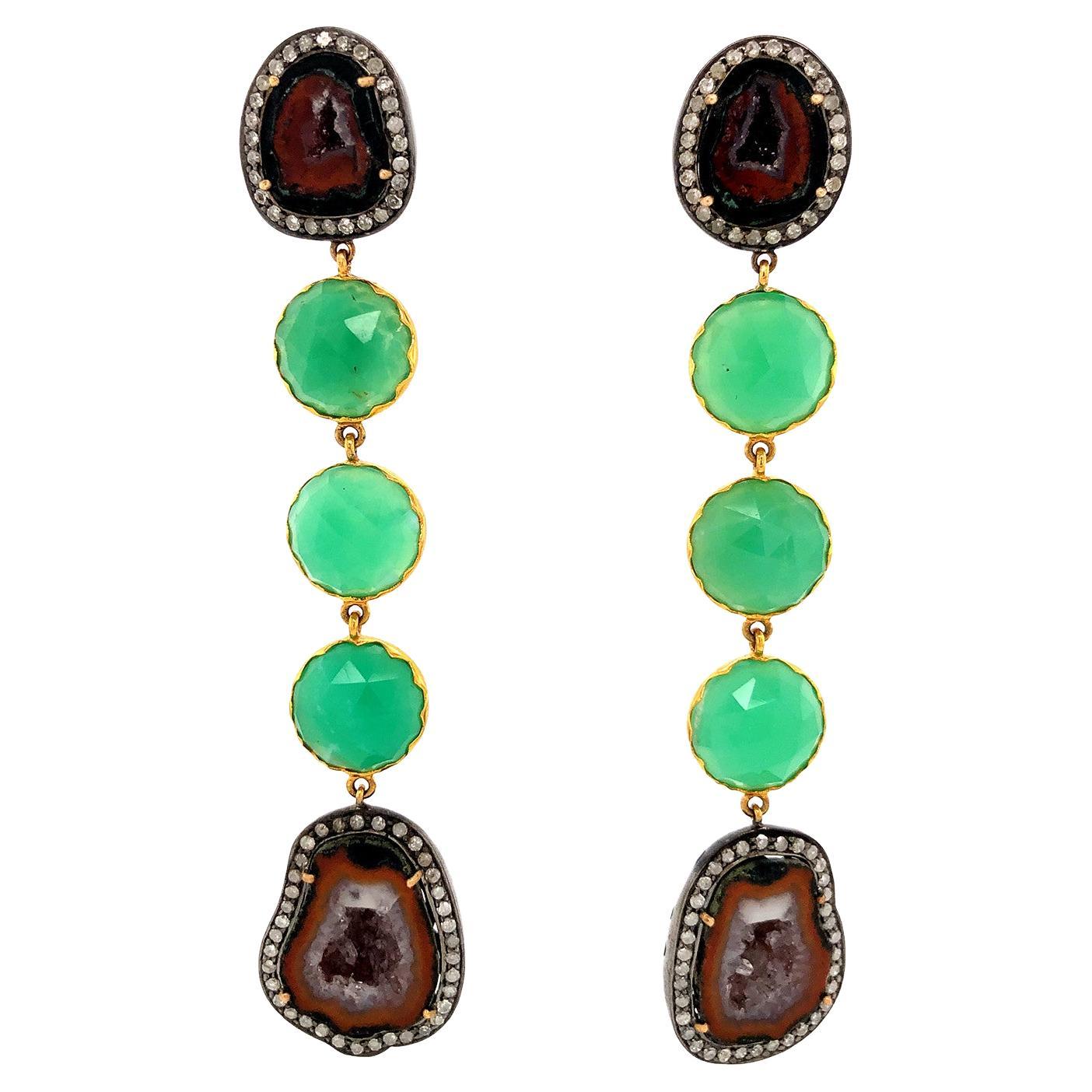 Sliced Geode Dangle Earrings With Round Chrysophase & Diamonds