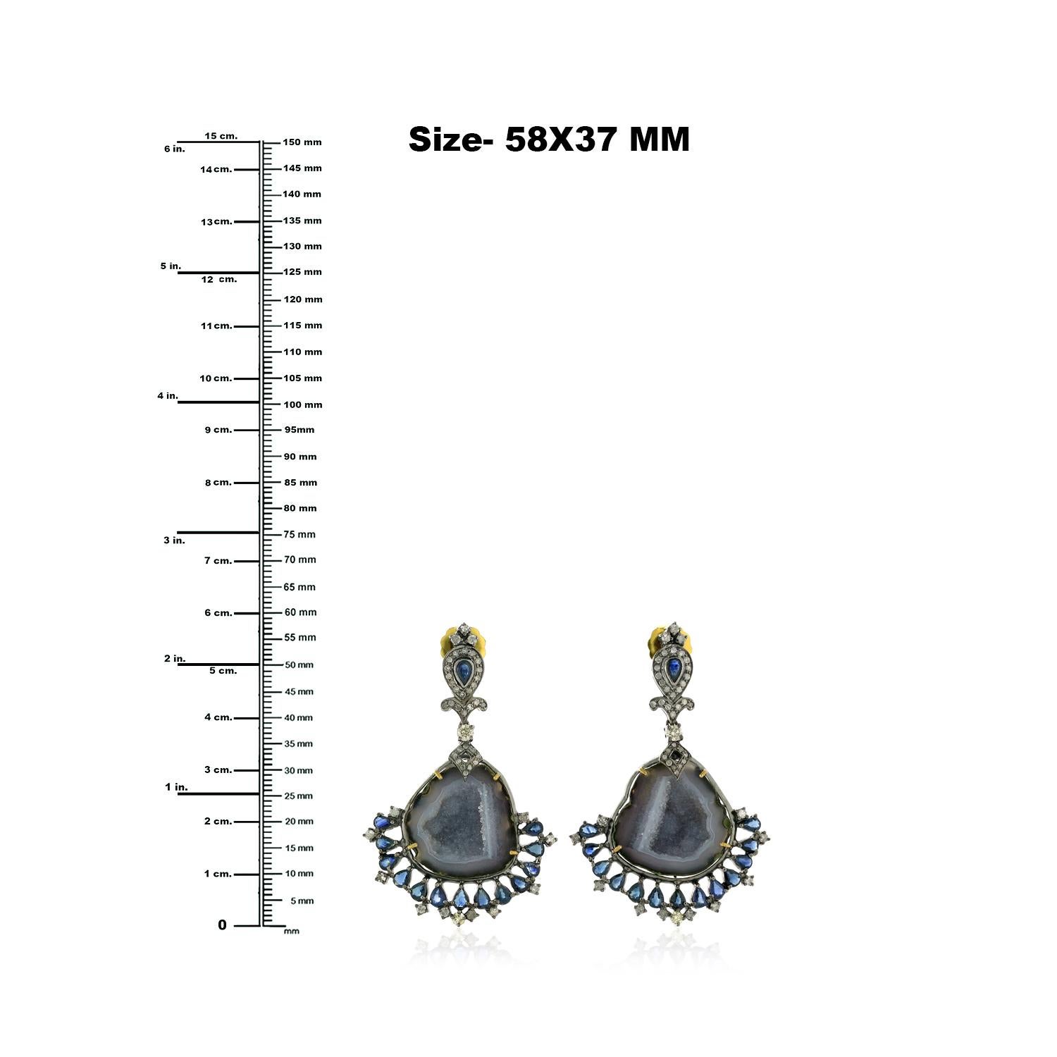 Mixed Cut Sliced Geode Dangle Earrings With Sapphire & Diamonds Made In 18k Gold & Silver  For Sale