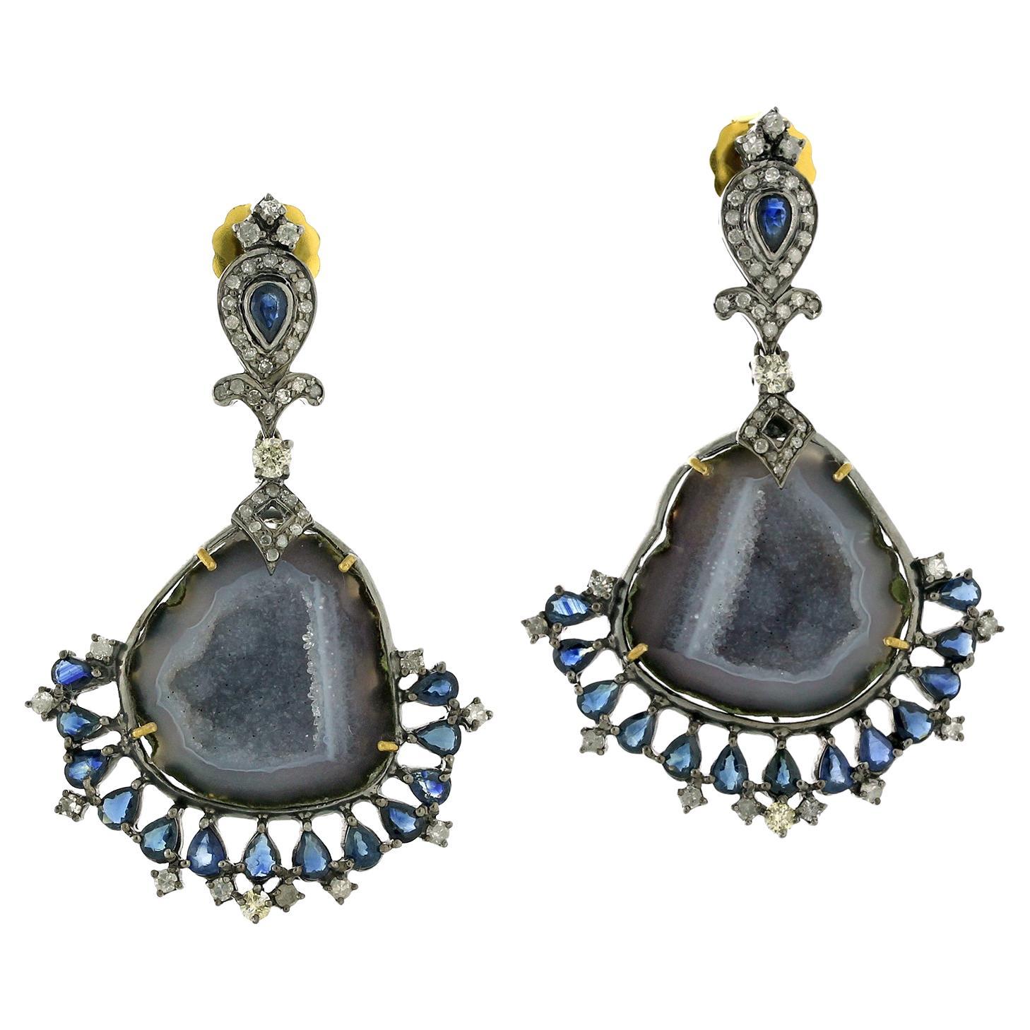Sliced Geode Dangle Earrings With Sapphire & Diamonds Made In 18k Gold & Silver