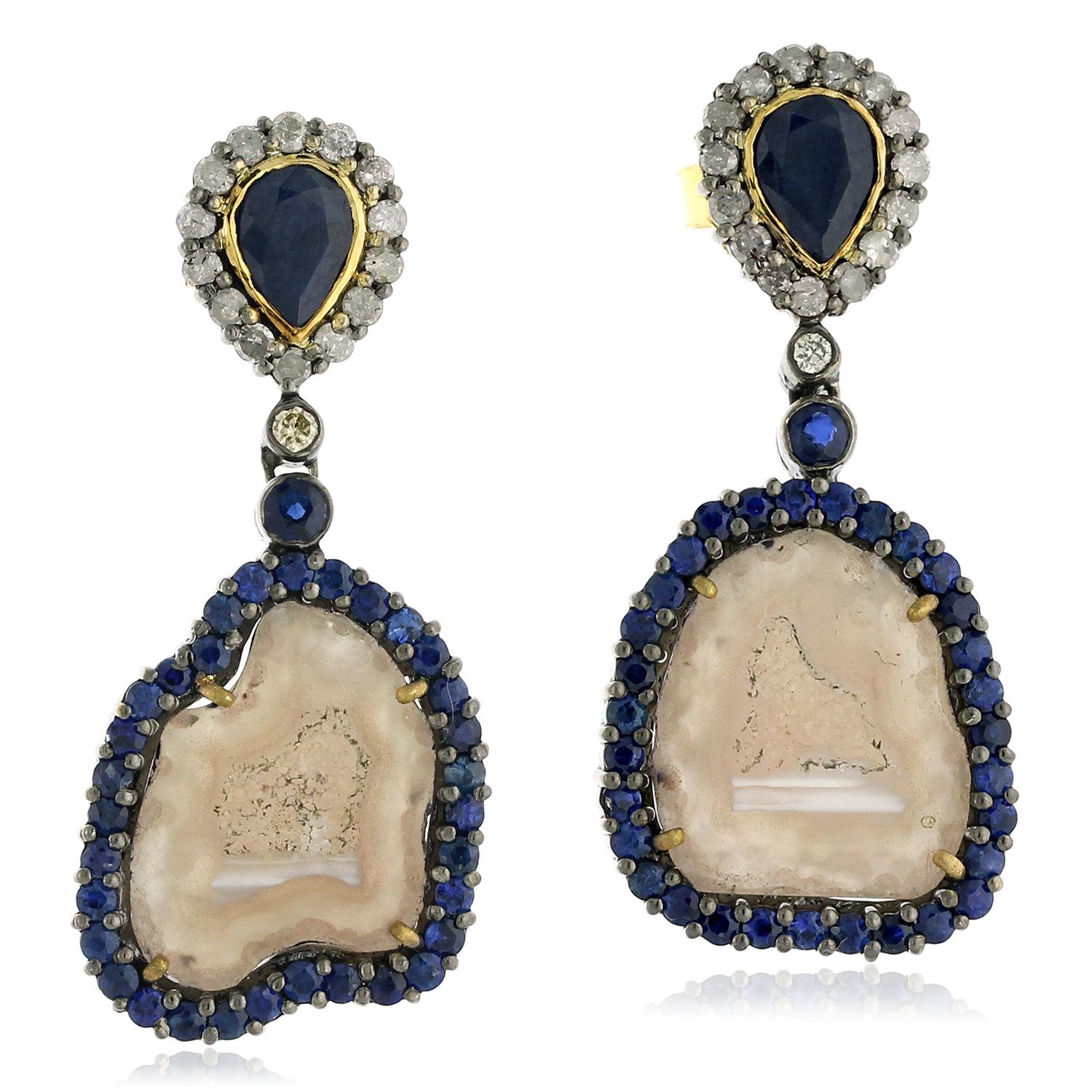 Artisan Sliced Geode Earring Surrounded by Pave Sapphire & Diamonds in 18k Gold & Silver For Sale