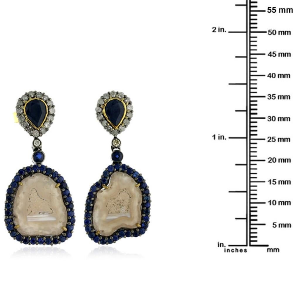 Mixed Cut Sliced Geode Earring Surrounded by Pave Sapphire & Diamonds in 18k Gold & Silver For Sale