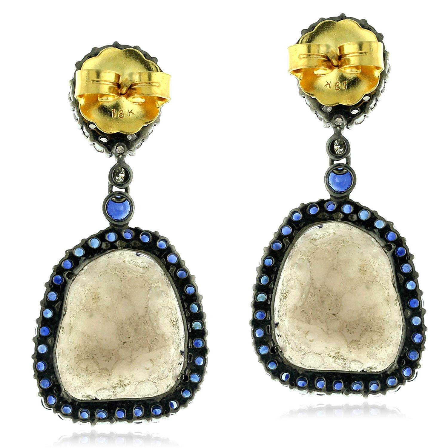 Sliced Geode Earring Surrounded by Pave Sapphire & Diamonds in 18k Gold & Silver In New Condition For Sale In New York, NY