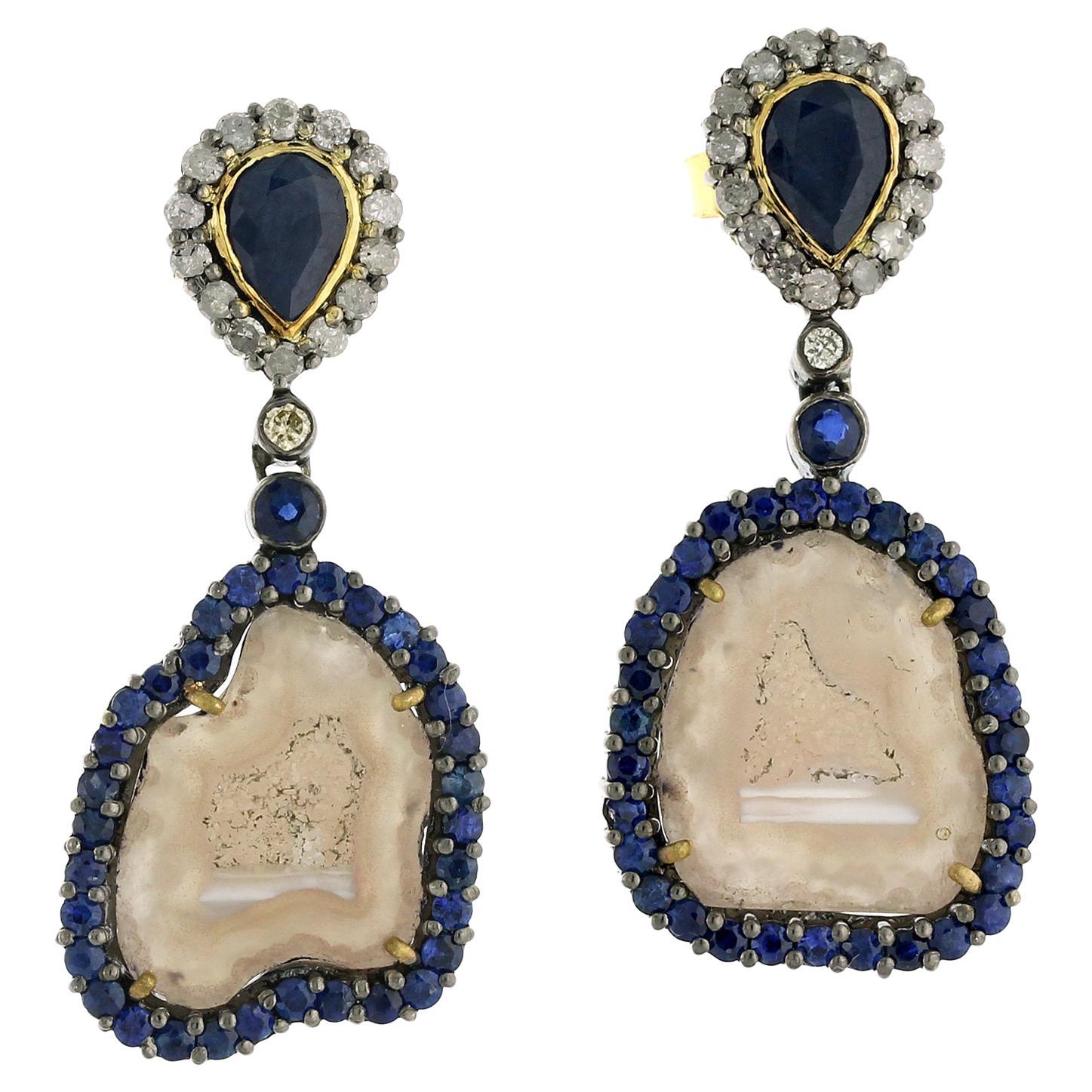 Sliced Geode Earring Surrounded by Pave Sapphire & Diamonds in 18k Gold & Silver For Sale