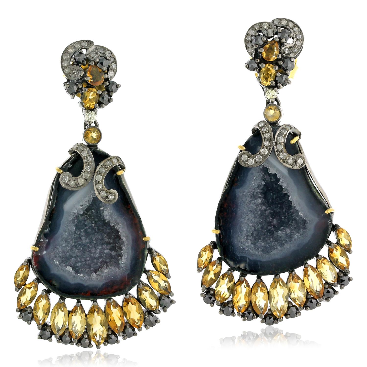 Contemporary Sliced Geode Earring With Citrine & Diamonds In 18k Gold & Silver For Sale