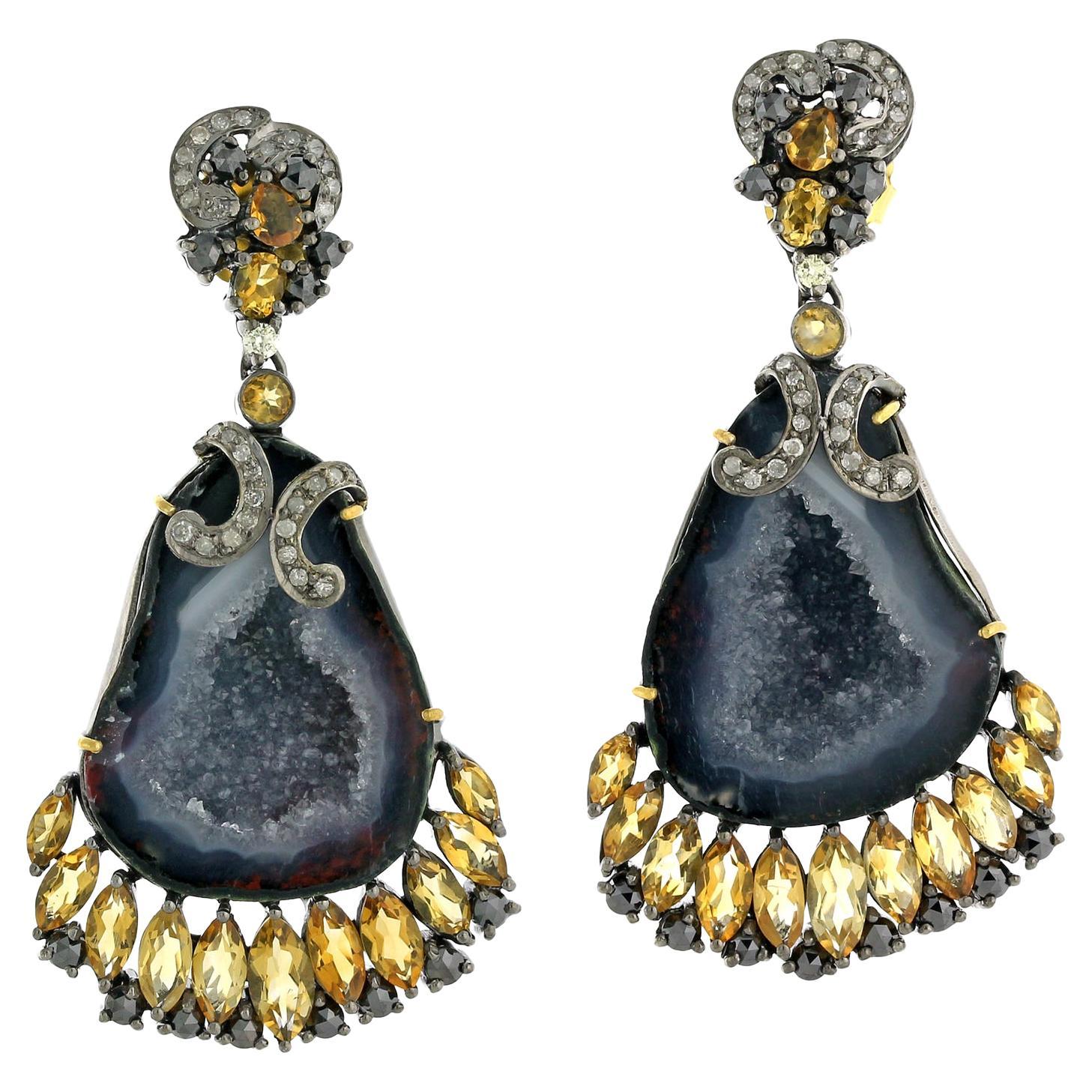 Sliced Geode Earring With Citrine & Diamonds In 18k Gold & Silver For Sale