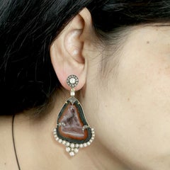 Sliced Geode Earring with Pearl & Diamonds in 18k Gold & Silver