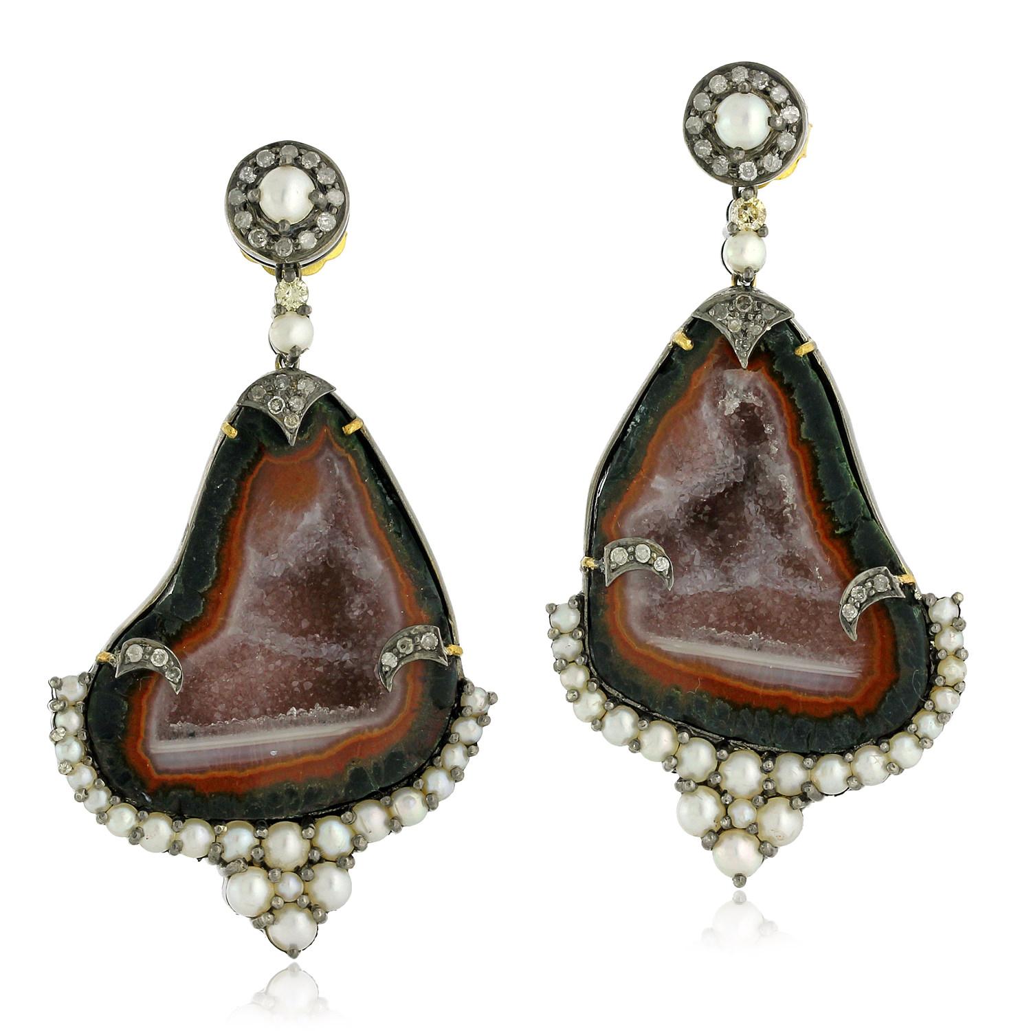 Artisan Sliced Geode Earring with Pearl & Diamonds in 18k Gold & Silver For Sale