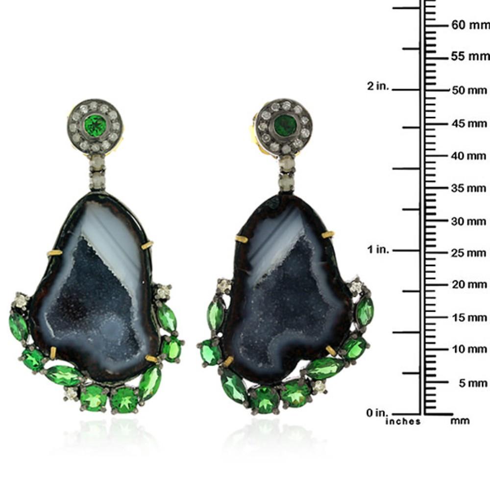Artisan Sliced Geode Earring with Tourmaline & Diamonds Made in 18k Gold & Silver For Sale