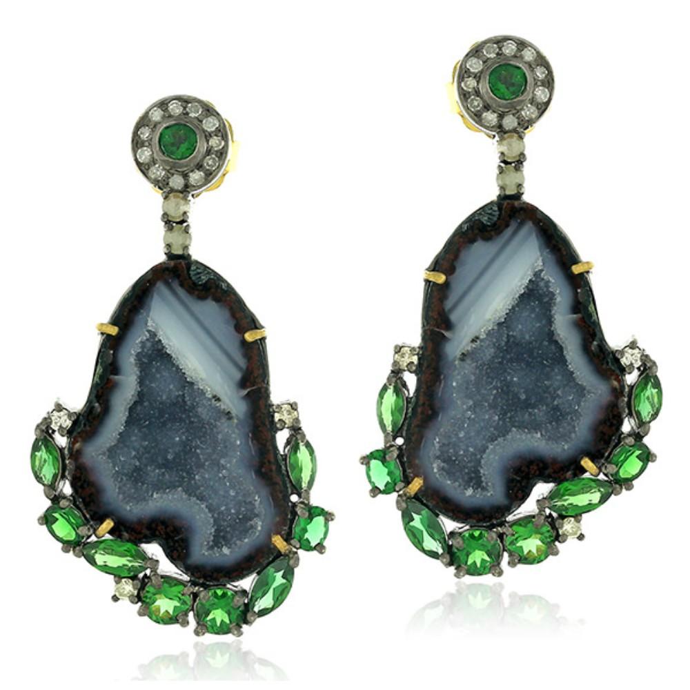 Mixed Cut Sliced Geode Earring with Tourmaline & Diamonds Made in 18k Gold & Silver For Sale
