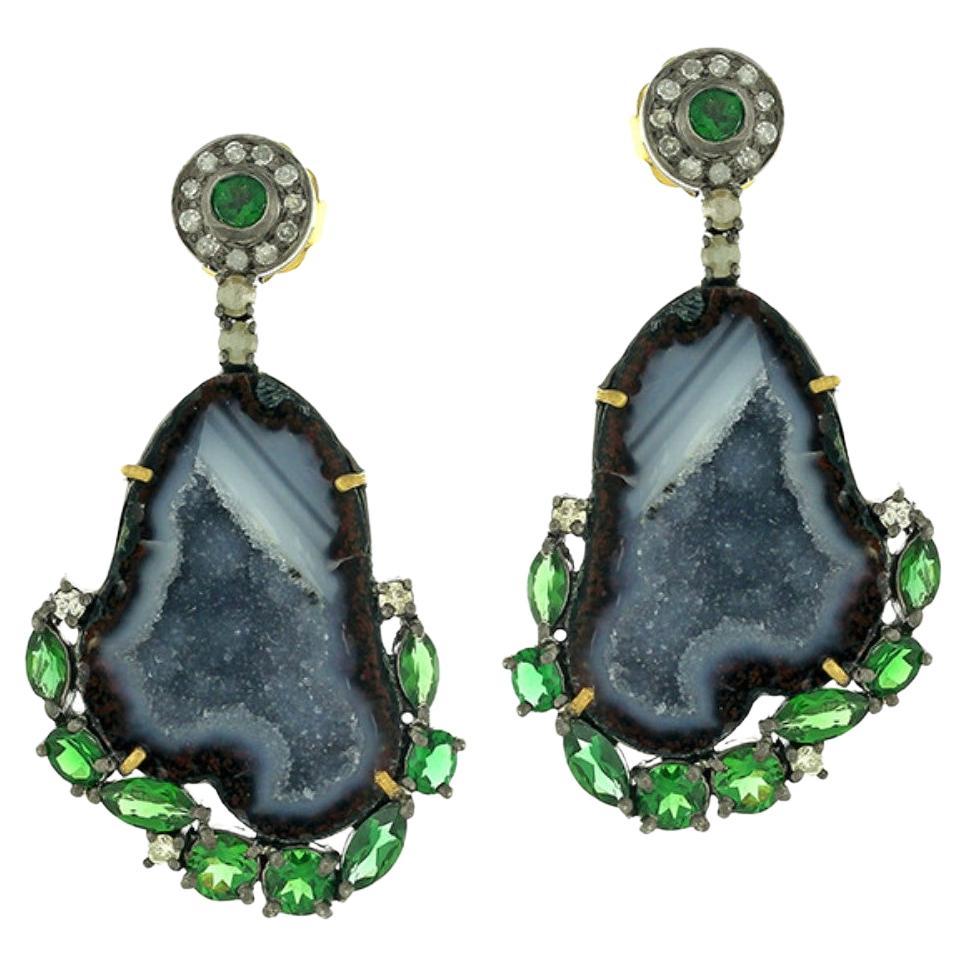 Sliced Geode Earring with Tourmaline & Diamonds Made in 18k Gold & Silver For Sale