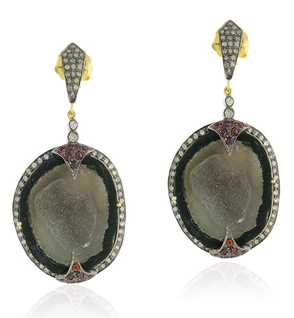 Sliced Geode Earrings Accented with Ruby & Pave Diamonds in 18k Gold & Silver  In New Condition For Sale In New York, NY