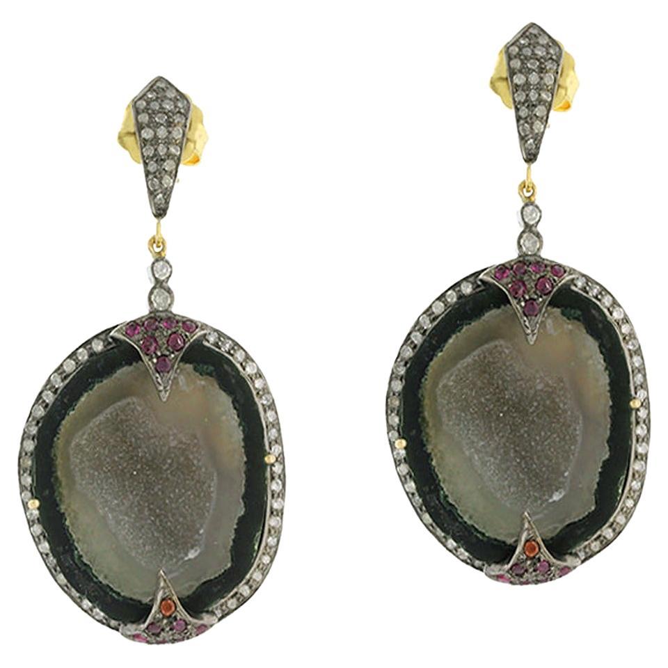Sliced Geode Earrings Accented with Ruby & Pave Diamonds in 18k Gold & Silver  For Sale