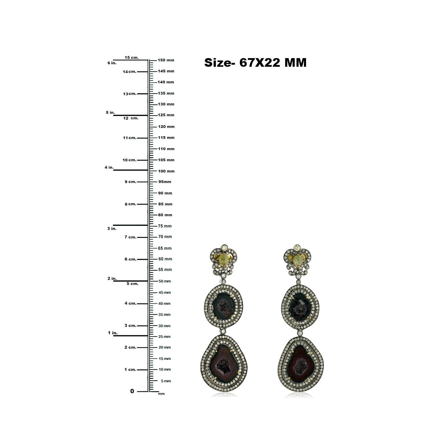 Mixed Cut Sliced Geode Earrings With Pave & Ice Diamonds Made In 18k Gold & Silver For Sale