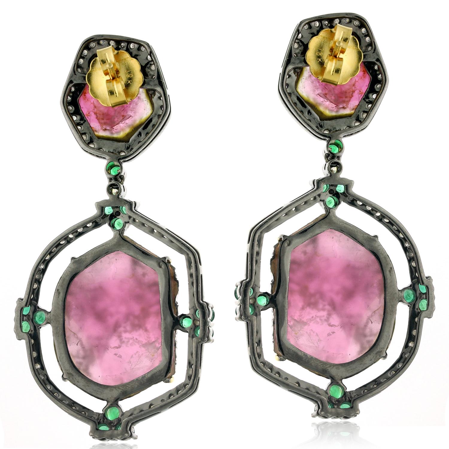 Mixed Cut Sliced Geode & Multigemstone Earring With Pave Diamonds In 18k Gold & Silver For Sale