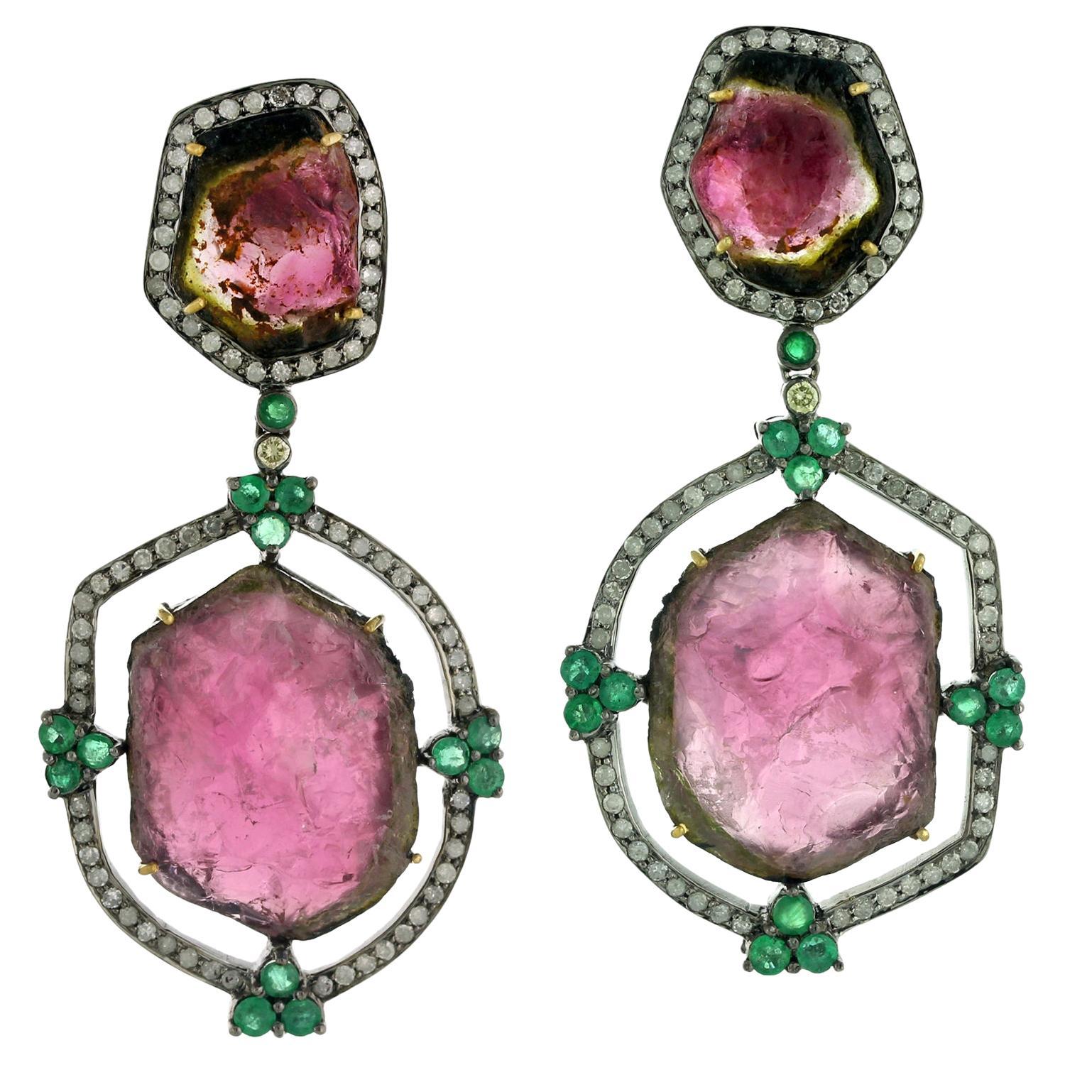 Sliced Geode & Multigemstone Earring With Pave Diamonds In 18k Gold & Silver For Sale