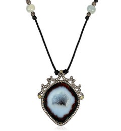 Collier géométrique en or et argent 18 carats avec plusieurs saphirs et diamants pavés