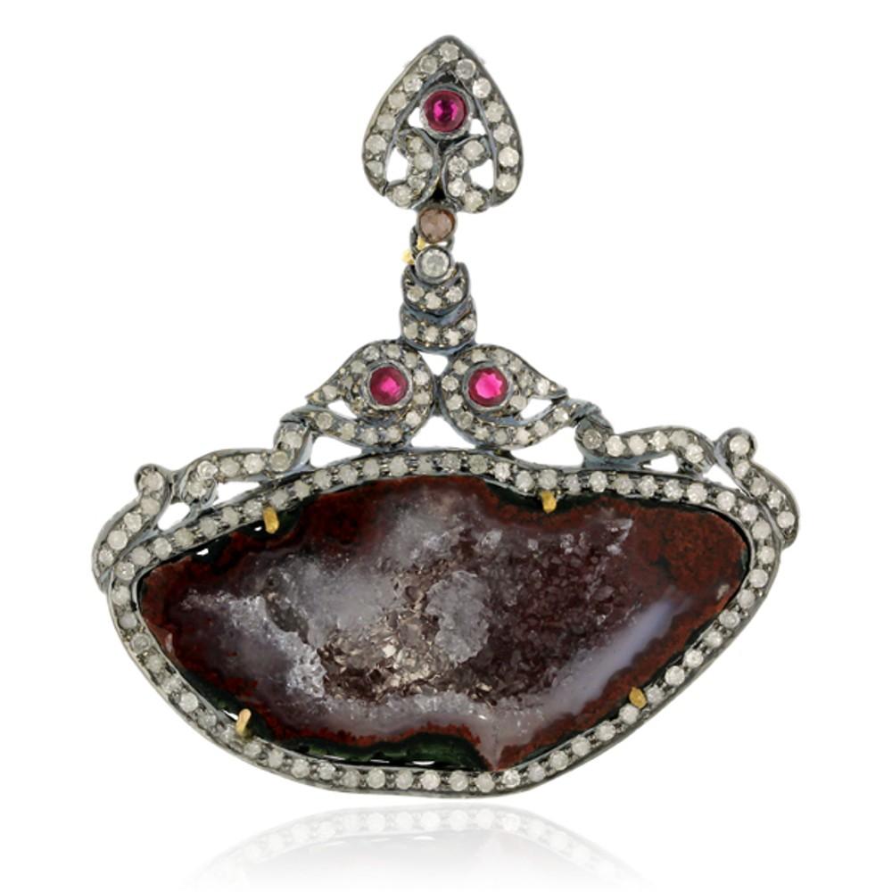 Artisan Sliced Geode Pendant with Ruby & Pave Diamonds Made in 18k Yellow Gold & Silver For Sale