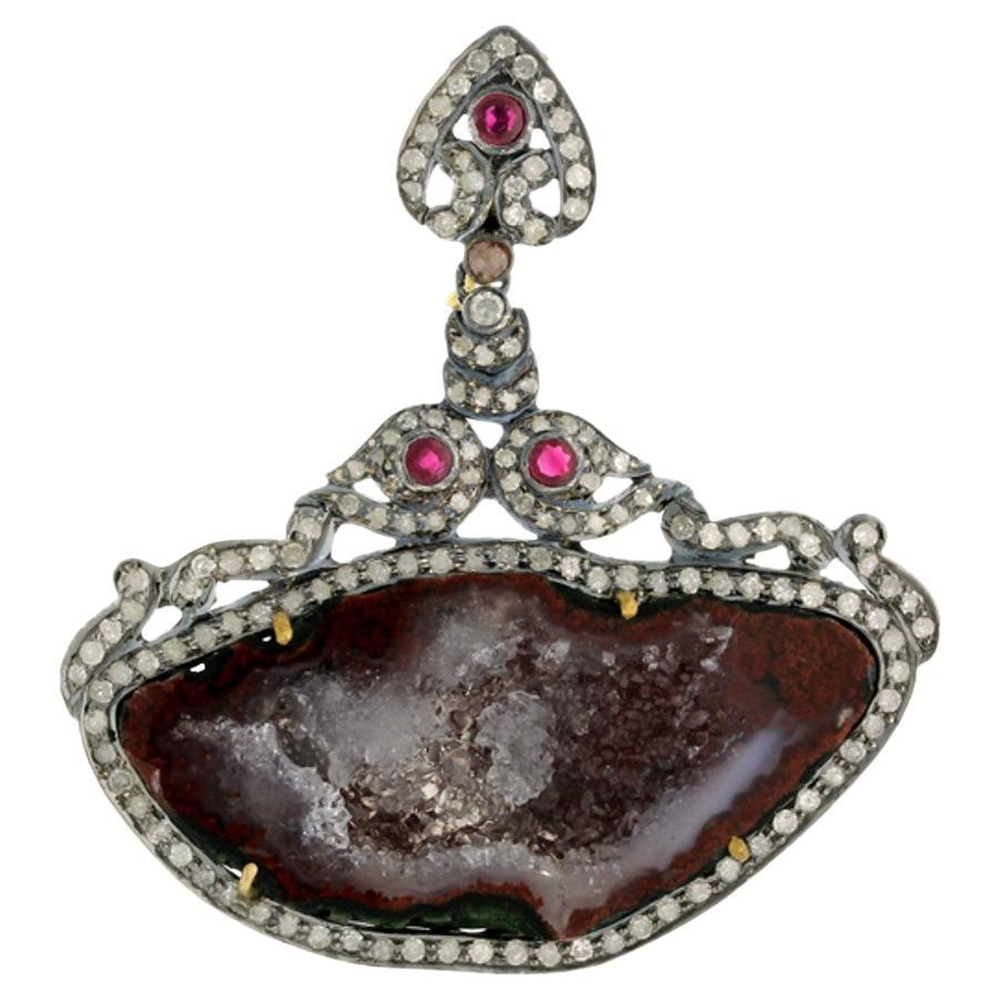 Sliced Geode Pendant with Ruby & Pave Diamonds Made in 18k Yellow Gold & Silver For Sale