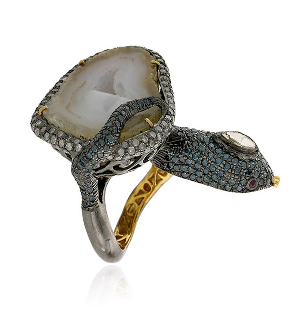 Art Nouveau Sliced Geode Snake Shaped Ring with Ruby & Pave Diamonds in 18k Gold & Silver For Sale