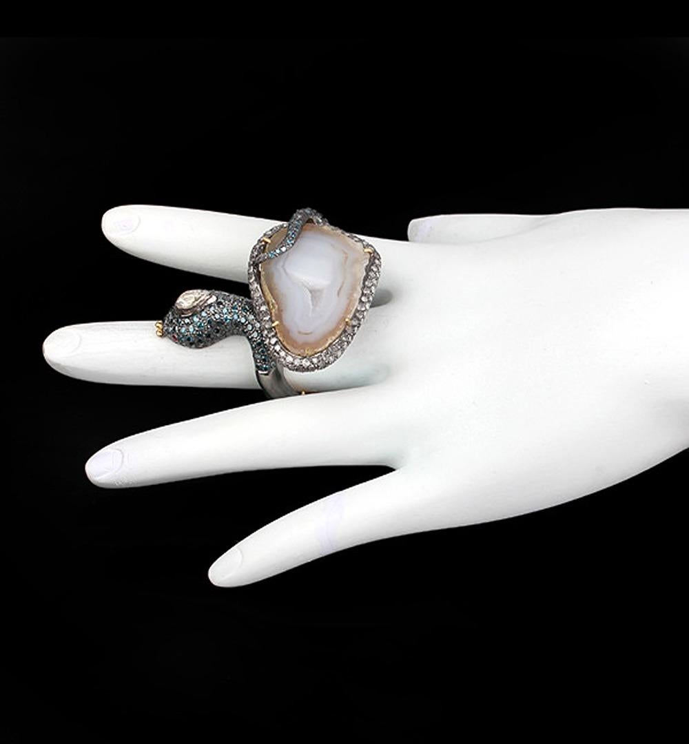 Mixed Cut Sliced Geode Snake Shaped Ring with Ruby & Pave Diamonds in 18k Gold & Silver For Sale