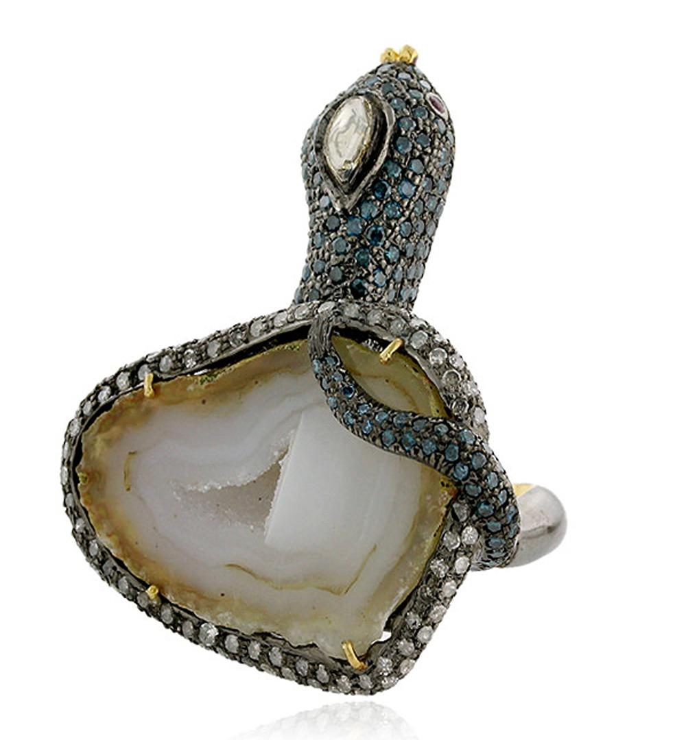 Sliced Geode Snake Shaped Ring with Ruby & Pave Diamonds in 18k Gold & Silver In New Condition For Sale In New York, NY