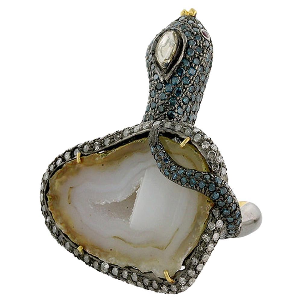 Sliced Geode Snake Shaped Ring with Ruby & Pave Diamonds in 18k Gold & Silver