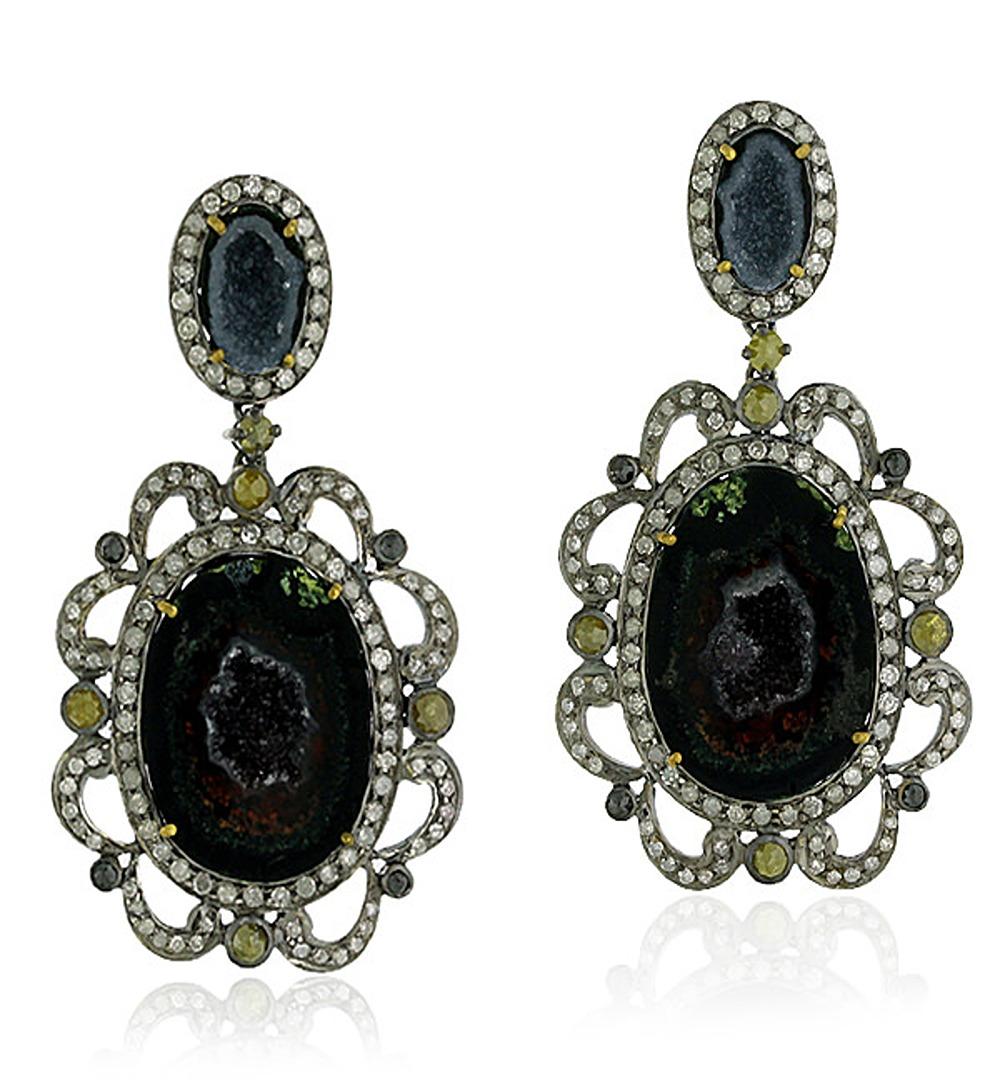 Sliced Geode Two Tier Dangle Earrings With Diamonds Made In 18k Gold & Silver In New Condition For Sale In New York, NY