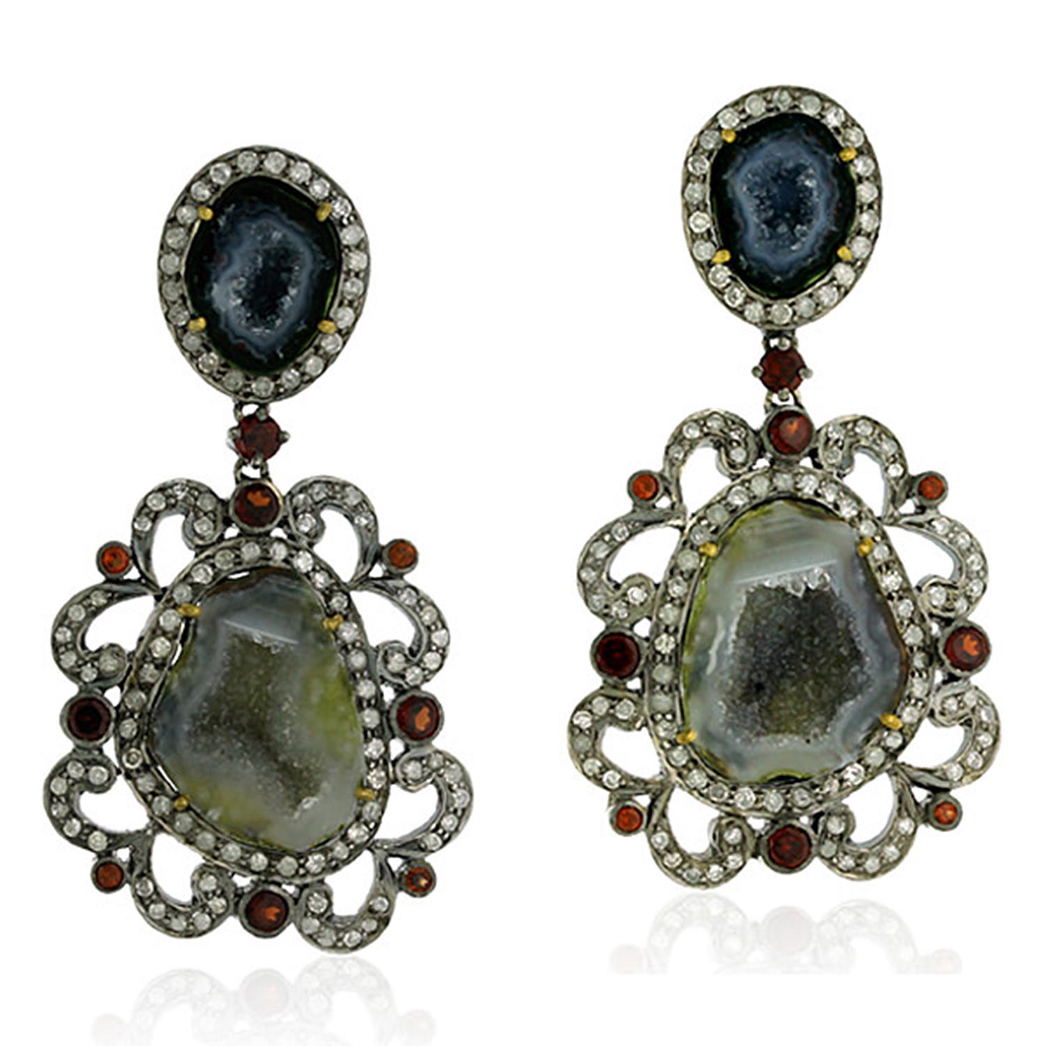 Mixed Cut Sliced Geode Two Tier Earrings With Red Garnet & Diamonds In 18k Gold & Silver For Sale