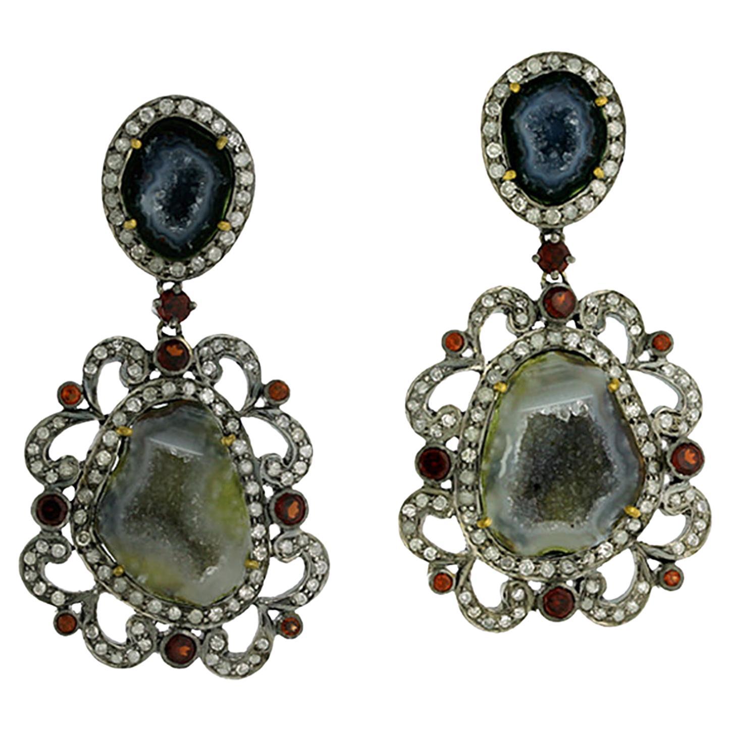 Sliced Geode Two Tier Earrings With Red Garnet & Diamonds In 18k Gold & Silver For Sale